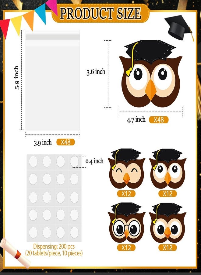 SilTriangle 48 Sets of Graduation Cap Owl Party Cellophane Treat Bags with Owl Toppers Cellophane Bags for Graduation Gift Classroom Party Decoration Supplies(Brown) - Image 2